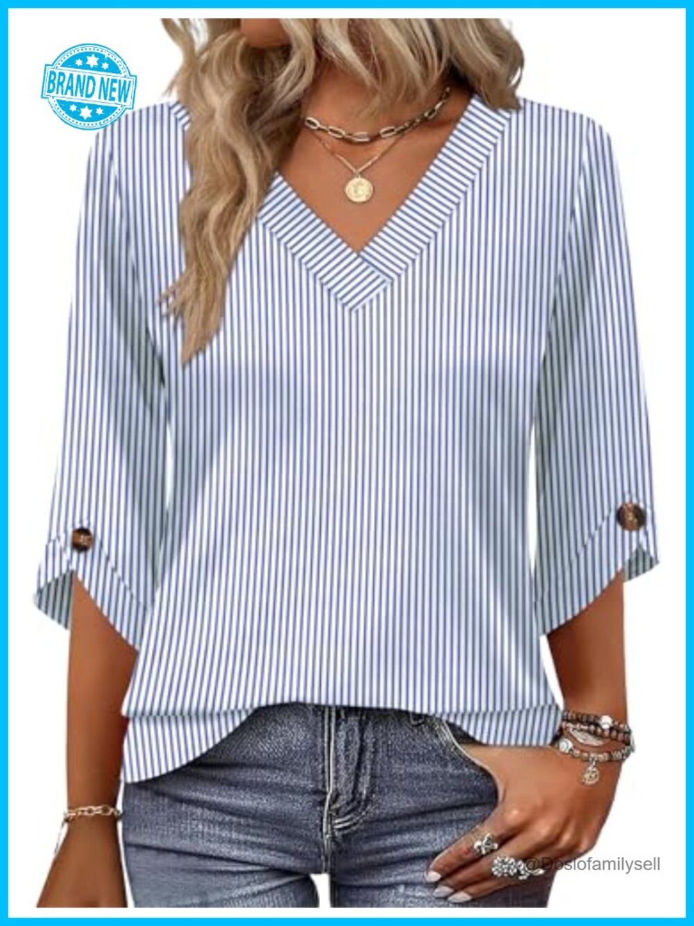 OFEEFAN Women's 3/4 Sleeve V-Neck Blouse Loose Fit Casual Summer Top